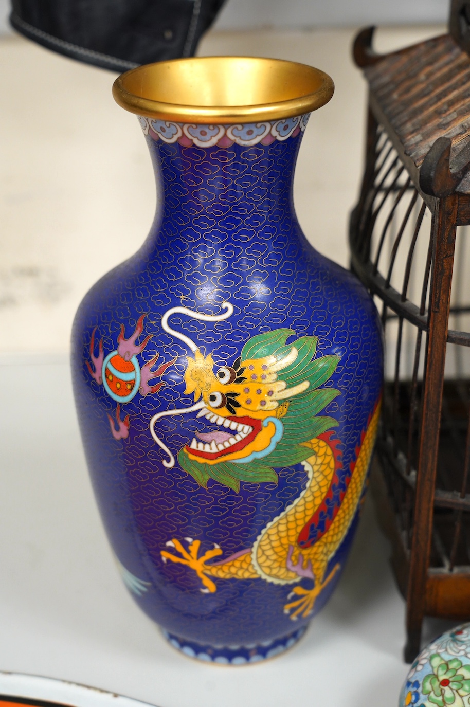 A Chinese birdcage, cloisonné enamel vase and circular box and cover, tallest 39cm. Condition - fair to good